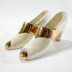 Vintage Collectible Pair of Lustre Porcelain Miniature High Heel Shoes Gold Trim